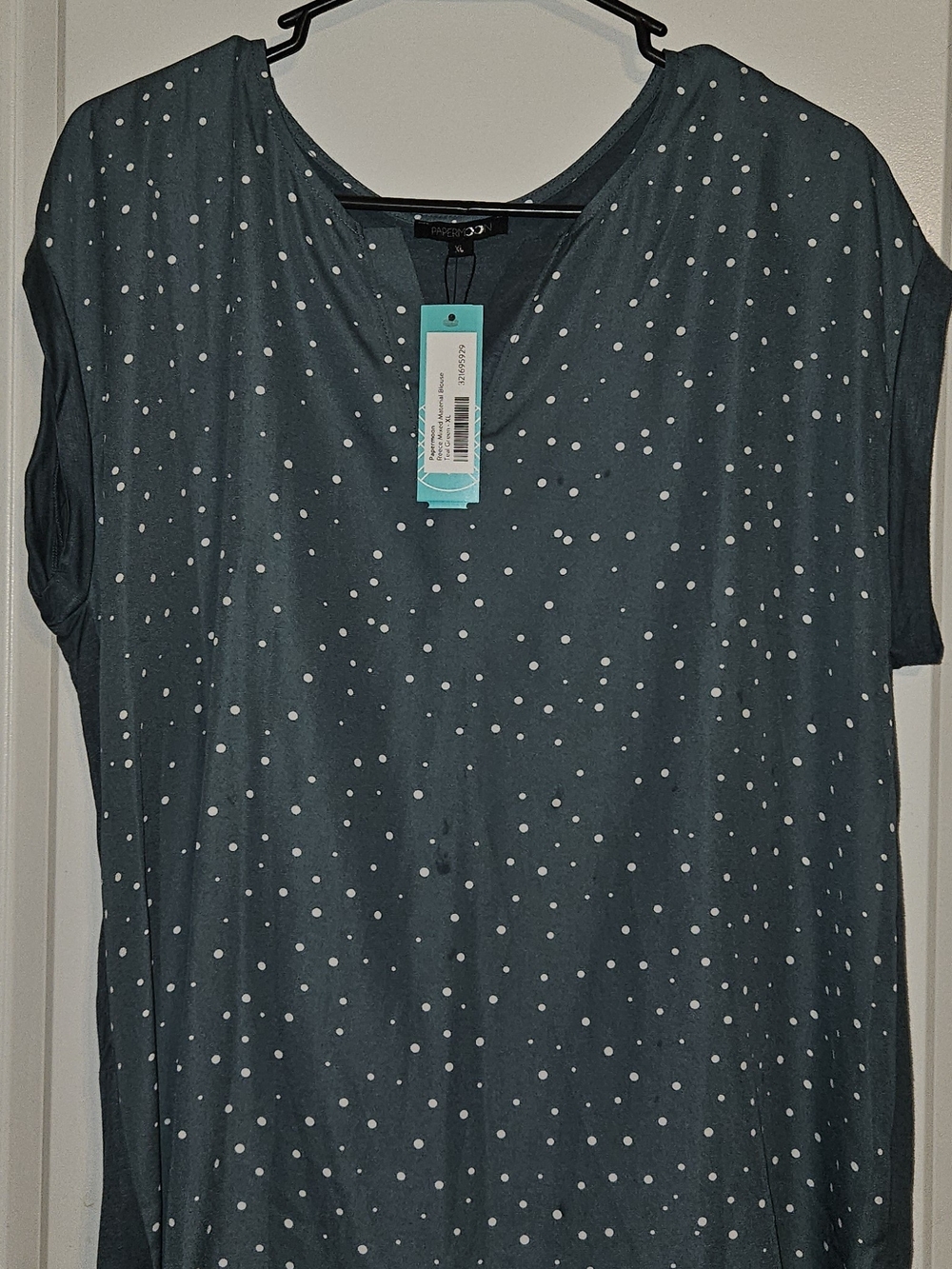 Papermoon Teal Short Sleeve V‑Neck Polka Dot Top